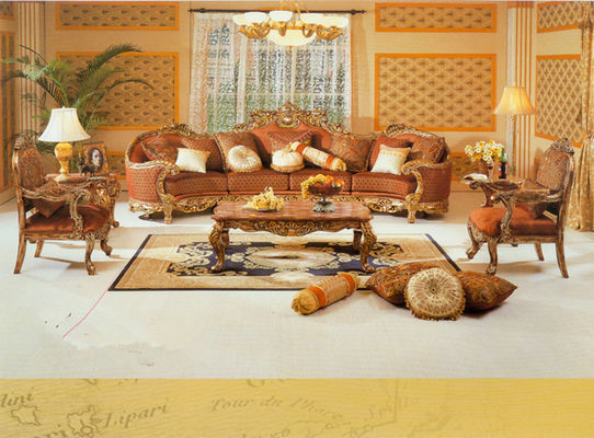 Four Seater Carved Wood Chesterfield Velvet Sofa Set Antique Oak Frame ISO9001