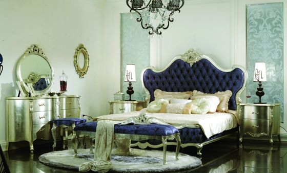 Custom European style palace solid wood carving fabric double bed French style villa bedroom furniture