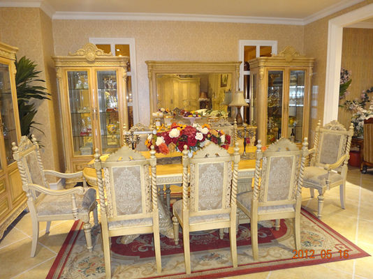 European Luxury Wood Dining Room Sets Round Wood Dining Table Fabric Leather Chairs