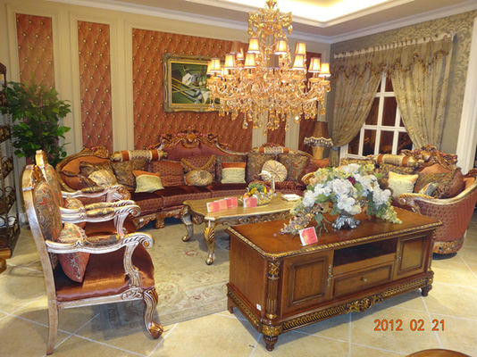 Four Seater Carved Wood Chesterfield Velvet Sofa Set Antique Oak Frame ISO9001