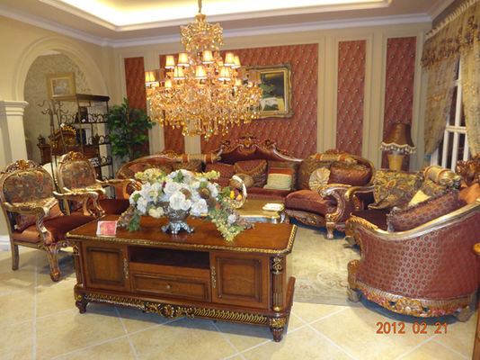Four Seater Carved Wood Chesterfield Velvet Sofa Set Antique Oak Frame ISO9001